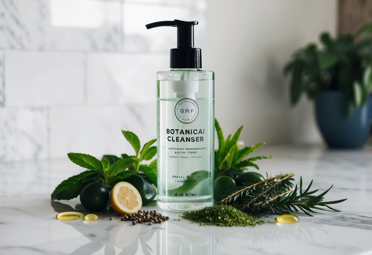 A clear gel cleanser bottle surrounded by botanical ingredients and water droplets on a marble countertop