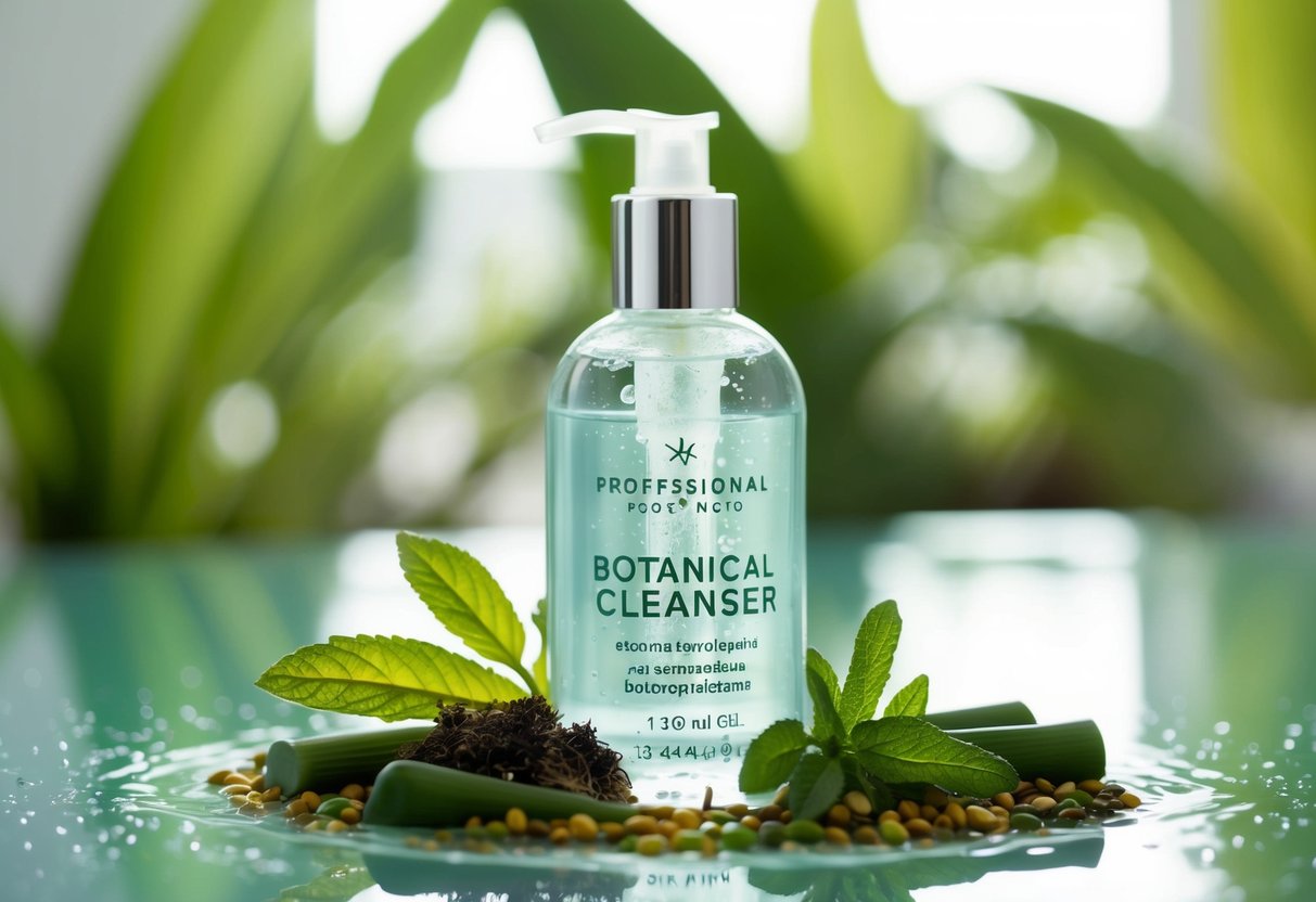 A clear gel cleanser bottle surrounded by botanical ingredients and water droplets