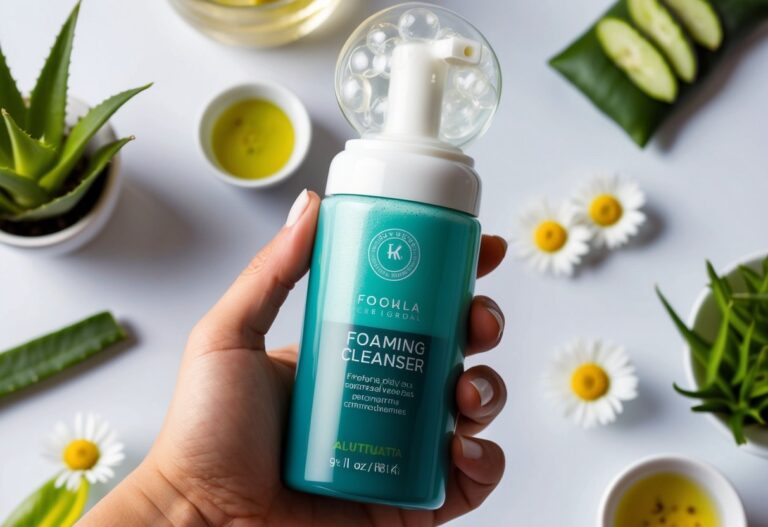 A hand holding a foaming cleanser bottle with bubbles forming on the top, surrounded by various skincare ingredients like aloe vera, green tea, and chamomile