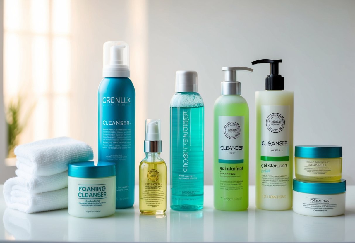 A variety of cleansers arranged on a clean, white surface, including foaming cleansers, gel cleansers, and cream cleansers, with different packaging and textures