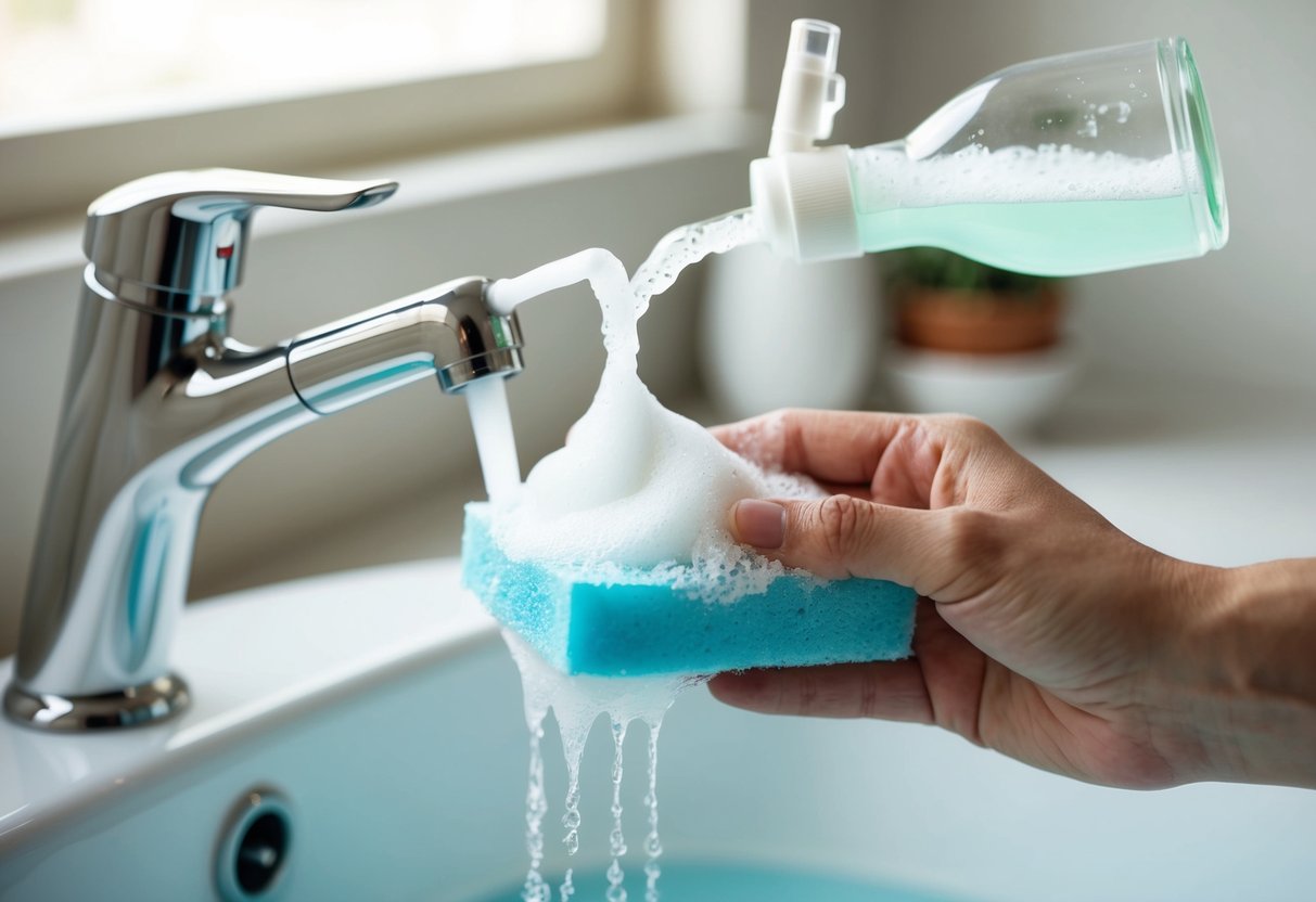 A hand pumping foaming cleanser onto a wet sponge
