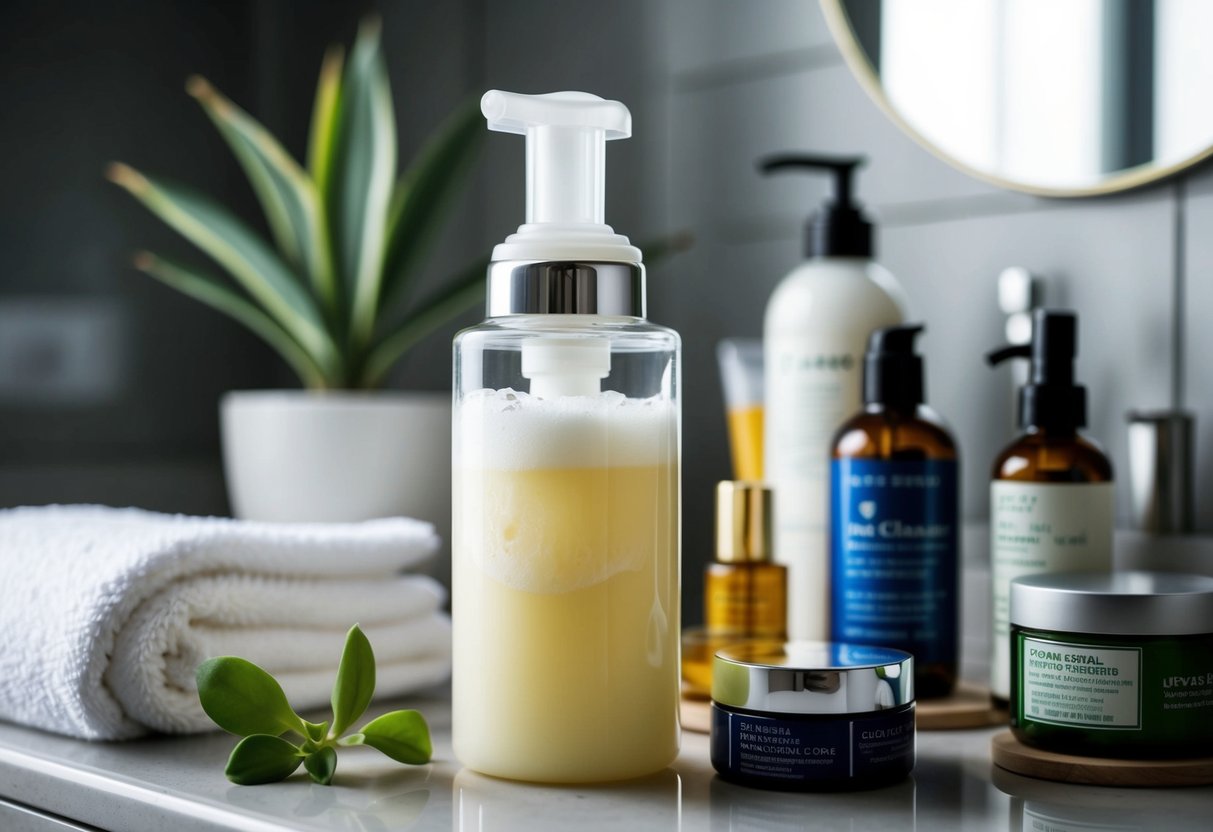 A bottle of foaming cleanser surrounded by various skin care products on a bathroom counter, with a towel and a plant in the background
