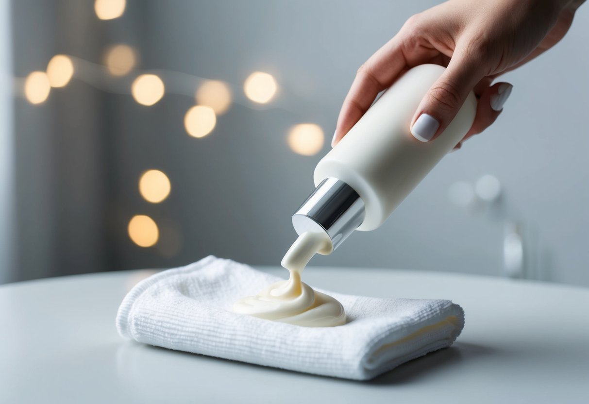 Cream cleansers being dispensed onto a soft, white cloth with a gentle squeeze from a sleek, minimalist tube
