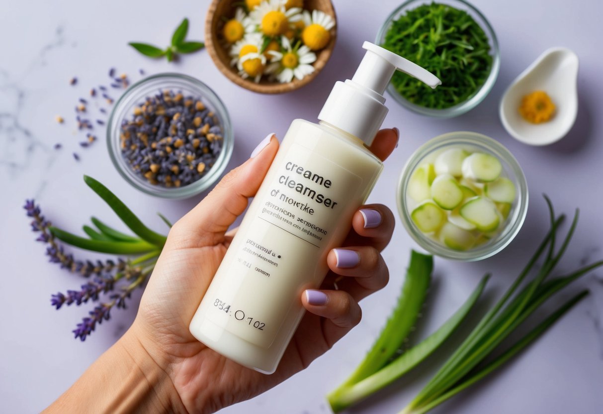 A woman's hand holding a bottle of cream cleanser, surrounded by various botanical ingredients like chamomile, aloe vera, and lavender