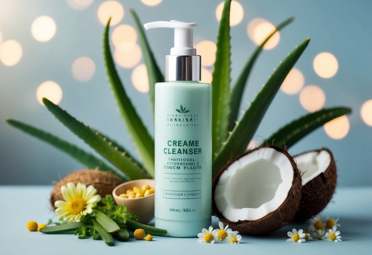 A bottle of cream cleanser surrounded by natural ingredients like aloe, chamomile, and coconut, with a gentle and soothing color palette
