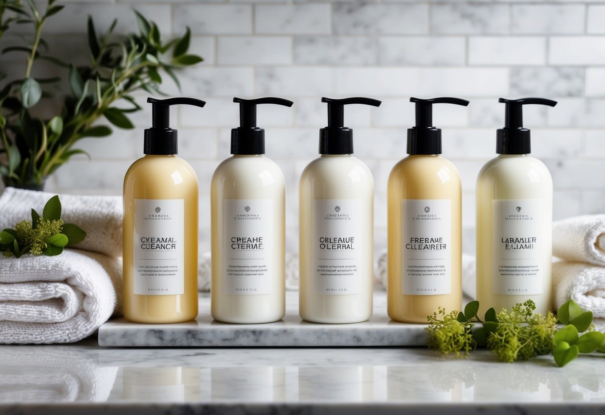 A lineup of luxurious cream cleanser bottles on a marble countertop, surrounded by fresh botanicals and soft, fluffy towels