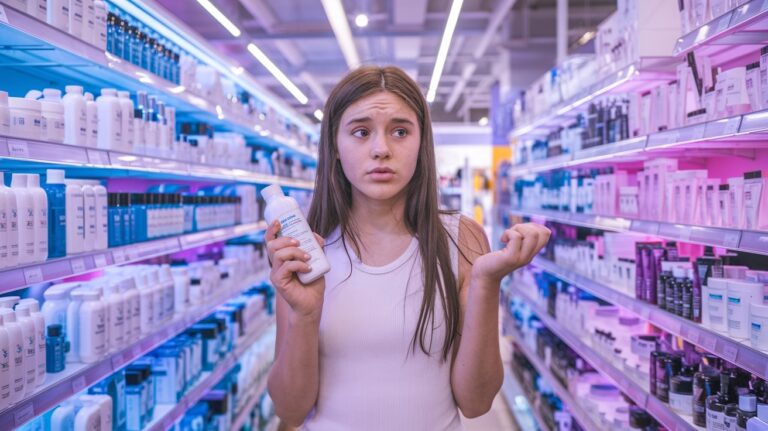 a girl thinks How to Choose the Best Cleanser for Oily Skin holding a cleanser bottel