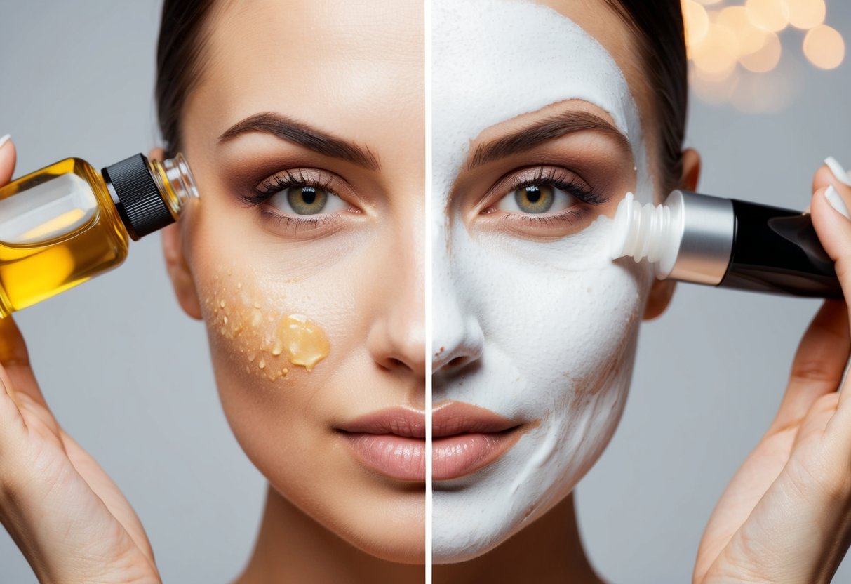 A woman's face divided into two halves, one side with oil cleanser and the other with a traditional cleanser. The oil side shows makeup and dirt being lifted away, while the other side shows residue left behind