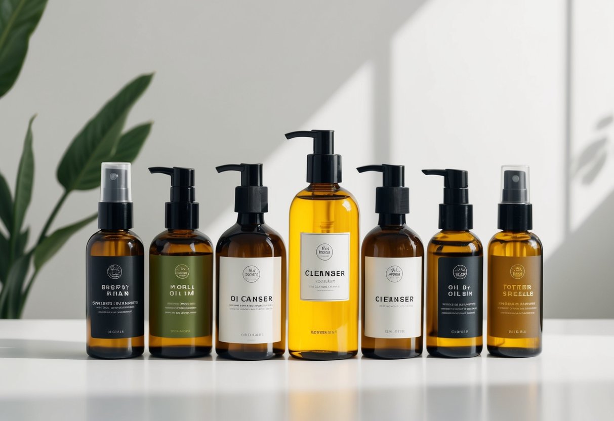 A variety of oil cleanser bottles arranged on a clean, minimalistic background with natural lighting. Each bottle features a different label and unique design