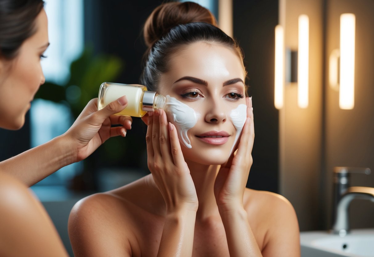 A woman massages oil cleanser onto her face, melting away makeup and impurities, before rinsing with warm water