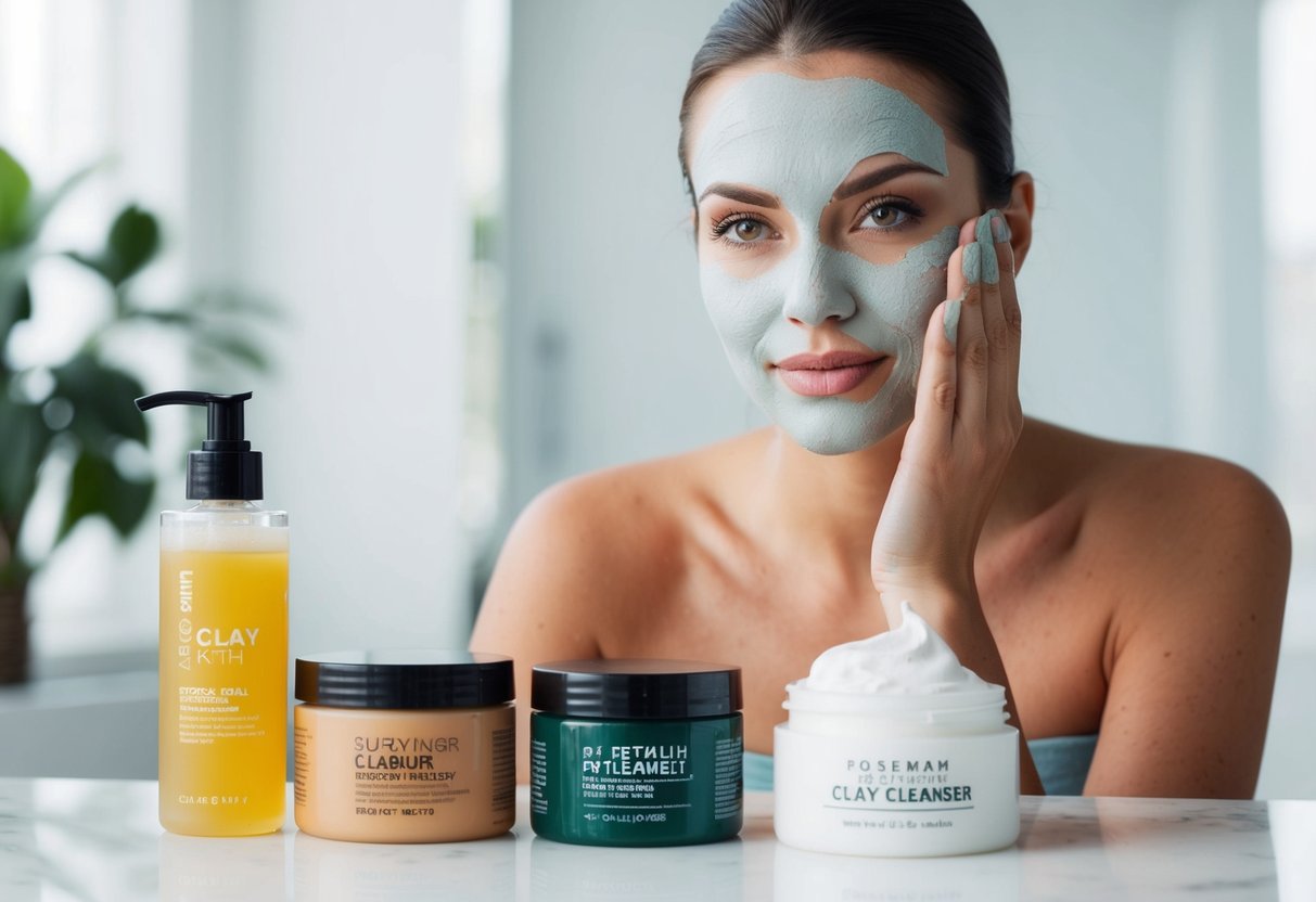 A woman applies a clay cleanser to her face, while other types of cleansers sit nearby. The clay cleanser appears thicker and grainier compared to the liquid and foam cleansers