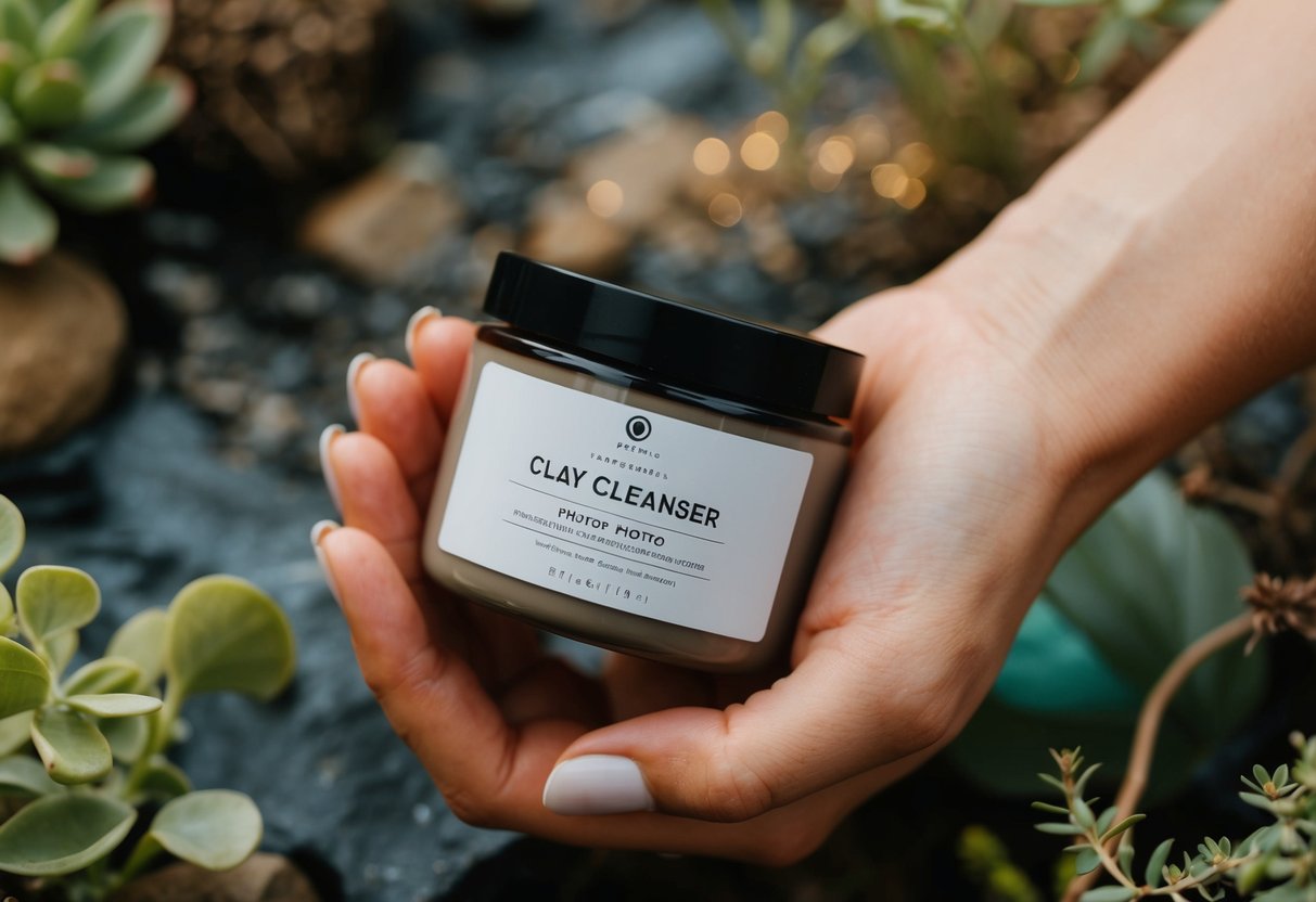 A woman's hand holding a jar of clay cleanser, surrounded by natural elements like plants and water, with a soft, earthy color palette