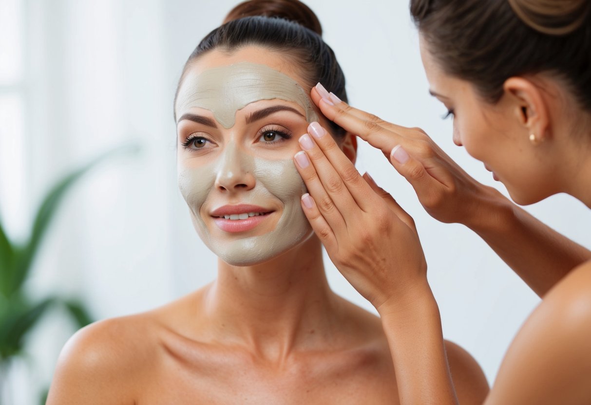 A woman applies a clay cleanser to her face, massaging it in with a gentle circular motion. The creamy texture of the cleanser leaves her skin feeling refreshed and rejuvenated